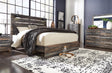 Drystan Multi King Panel Bed front view showcasing rustic multi-tone finish with LED sconces