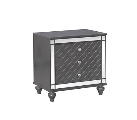 Refino Night Stand gray wood finish three drawers nickel knobs front view