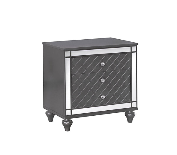 Refino Night Stand gray wood finish three drawers nickel knobs front view