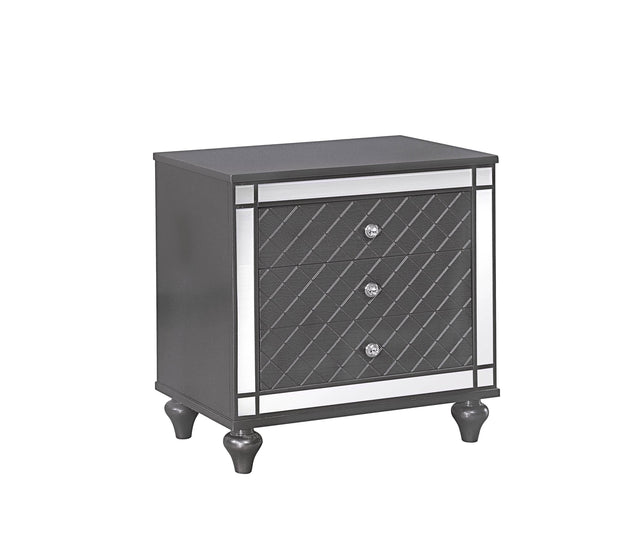 Refino Night Stand gray wood finish three drawers nickel knobs front view