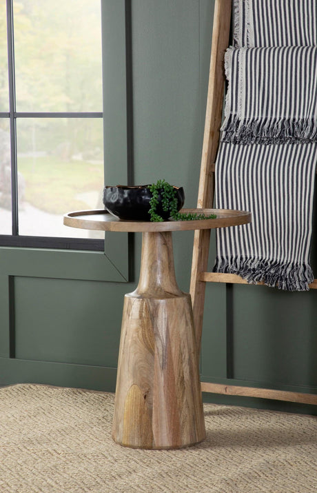 Ixia Round Mango Wood Accent Table, front angle showing drawers