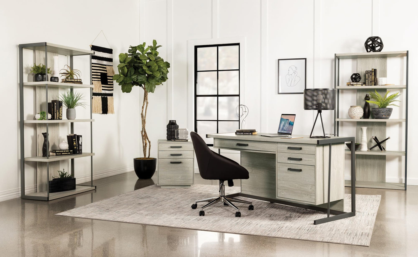 Loomis 4-shelf whitewashed grey bookcase, front angled view