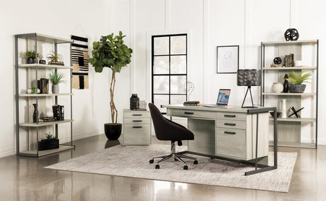 Loomis 4-shelf whitewashed grey bookcase, front angled view
