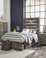 Drystan twin panel bed angled view showing rustic finish and drawers