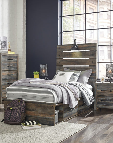Drystan twin panel bed angled view showing rustic finish and drawers