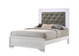 Lyssa Frost full bed with white tufted faux leather upholstery and LED lighting, angled view