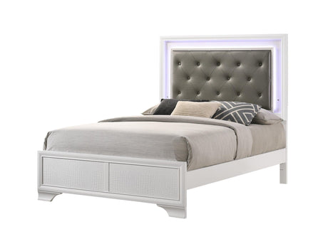 Lyssa Frost full bed with white tufted faux leather upholstery and LED lighting, angled view
