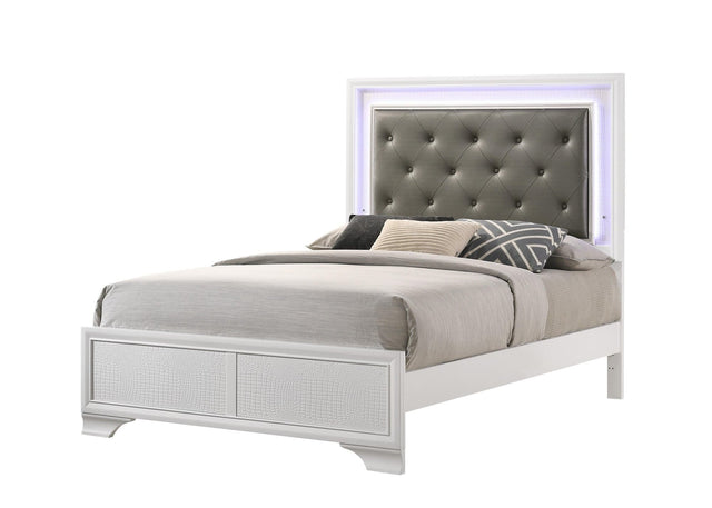 Lyssa Frost full bed with white tufted faux leather upholstery and LED lighting, angled view
