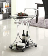 Elfman 2-Shelf Chrome and Black Serving Cart front view showing glass shelves and chrome frame