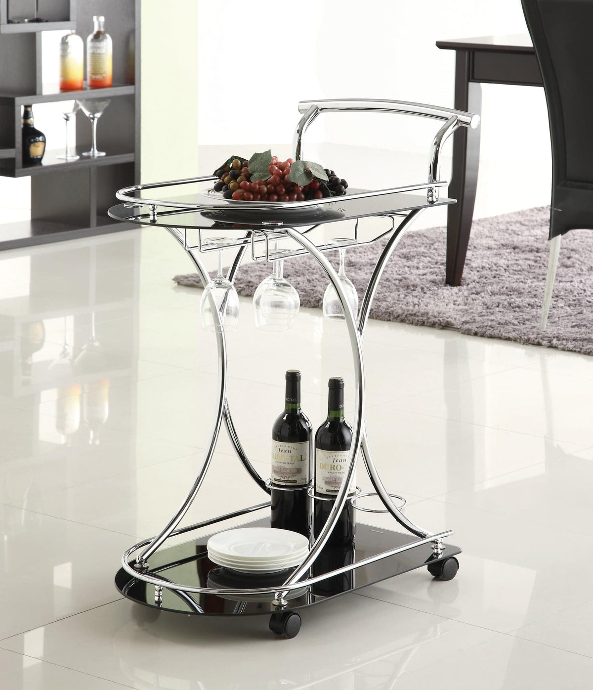 Elfman 2-Shelf Chrome and Black Serving Cart front view showing glass shelves and chrome frame