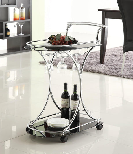Elfman 2-Shelf Chrome and Black Serving Cart front view showing glass shelves and chrome frame