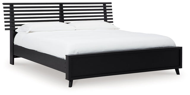 Danziar Black Queen Slat Panel Bed, angled view showing headboard and footboard