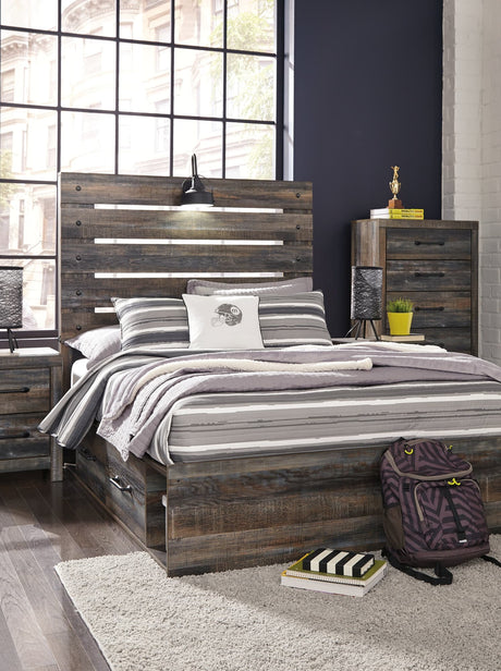 Drystan full panel bed with multi-color rustic finish and built-in storage drawers, front view