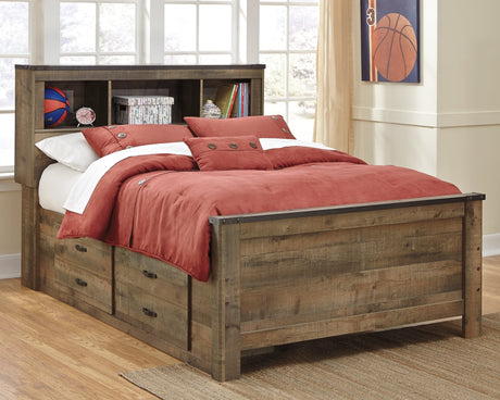 Trinell Brown Full Bookcase Bed with two-sided storage headboard front view