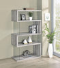 Front view of Emelle 4-shelf bookcase showing grey driftwood shelves and clear glass panels