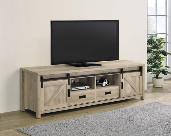 Madra rectangular TV console front view with sliding doors closed