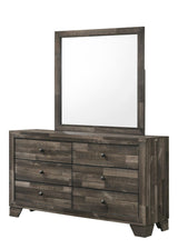 Atticus brown wood dresser with six drawers and nickel knobs, front angle