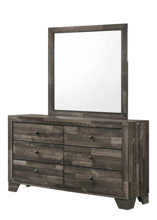 Atticus brown wood dresser with six drawers and nickel knobs, front angle