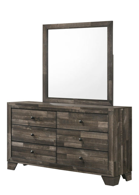 Atticus brown wood dresser with six drawers and nickel knobs, front angle