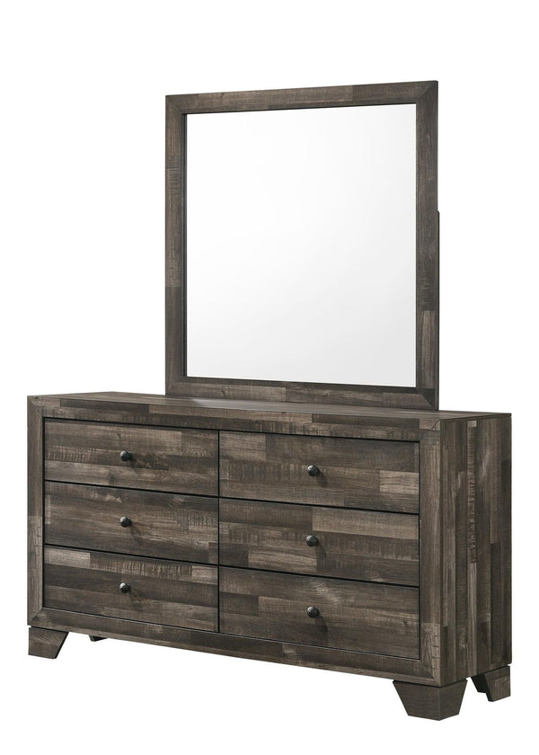 Atticus brown wood dresser with six drawers and nickel knobs, front angle