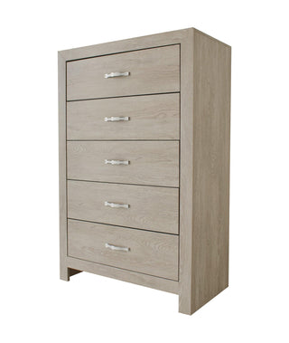 Jaylen Cream 5-Drawer Chest angled view showing wood and metal
