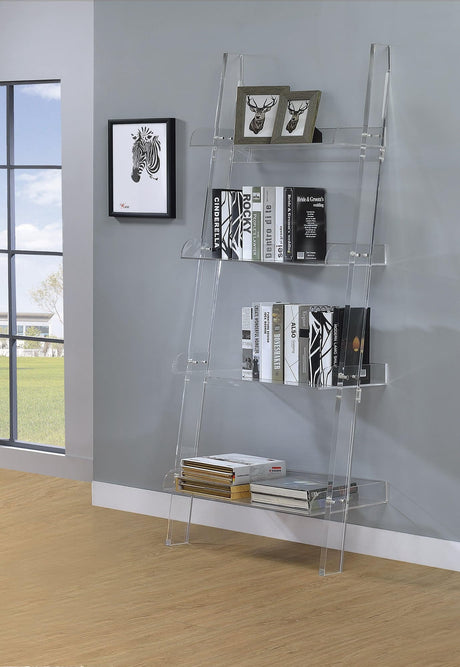 Amaturo 4-shelf clear acrylic ladder bookcase front view
