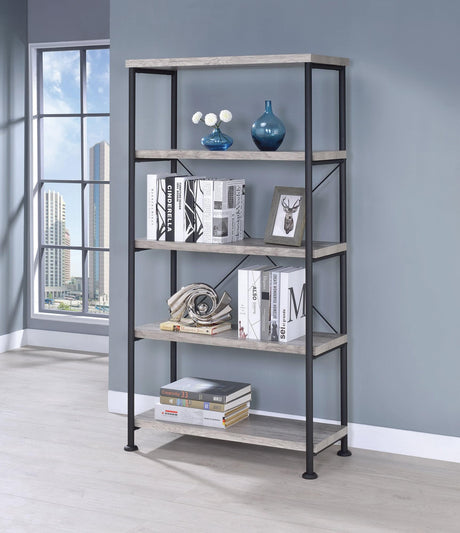 Analiese 4-Shelf Bookcase Grey Driftwood front angle