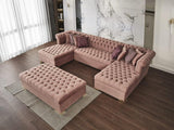 Emma Pink Velvet Rectangle Ottoman close-up of velvet fabric and wooden leg