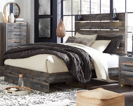 Front view of Drystan Multi Queen Panel Bed showing rustic finish and headboard
