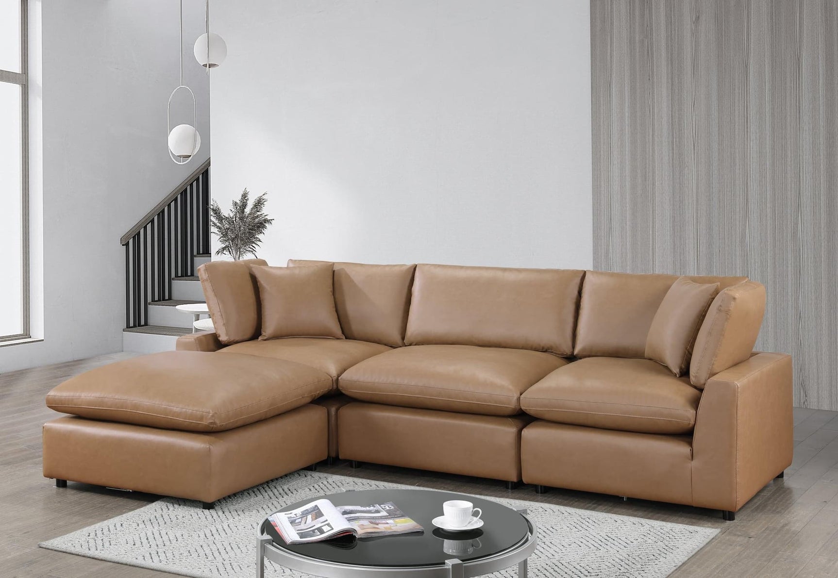 Sky Camel Modular Sectional sofa in camel leather gel microsuede side view