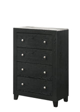 Cadence Chest Black, front angle showing 4 drawers and nickel knobs