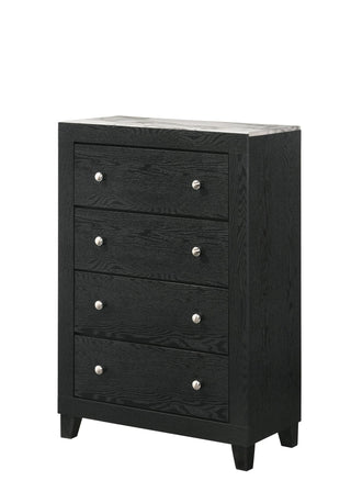 Cadence Chest Black, front angle showing 4 drawers and nickel knobs