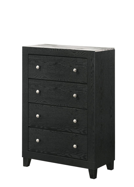 Cadence Chest Black, front angle showing 4 drawers and nickel knobs