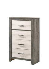 Rhett Chest front view with brown and cream finish showing 4 metal drawers