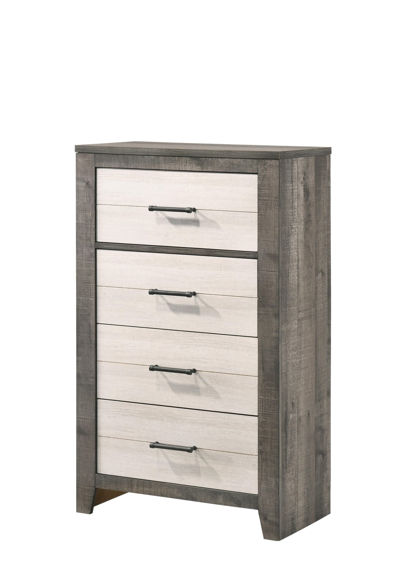Rhett Chest front view with brown and cream finish showing 4 metal drawers
