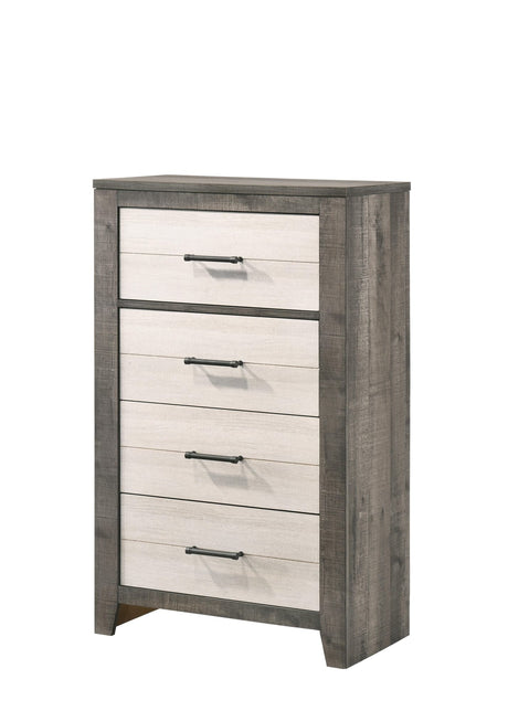 Rhett Chest front view with brown and cream finish showing 4 metal drawers