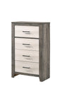 Rhett Chest front view with brown and cream finish showing 4 metal drawers