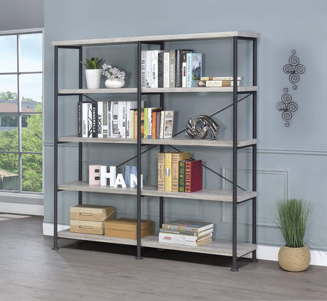 Analiese 4-Shelf Open Bookcase in Grey Driftwood, front angle