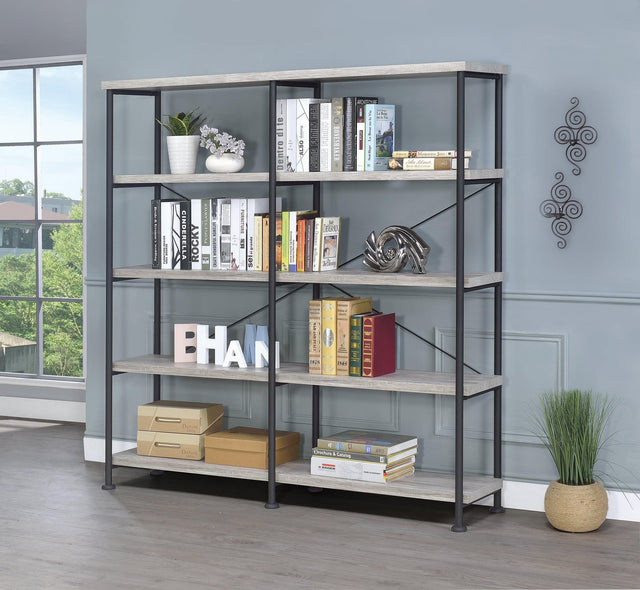 Analiese 4-Shelf Open Bookcase in Grey Driftwood, front angle