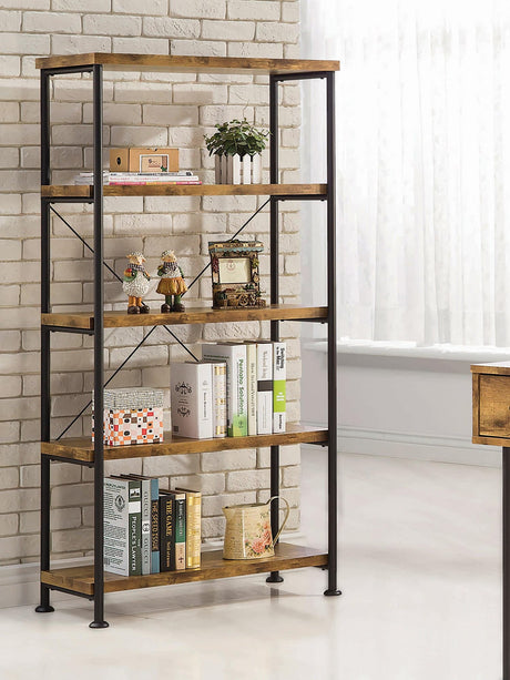 Analiese 4-Shelf Bookcase Antique Nutmeg - front view with shelves