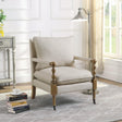 Monaghan beige upholstered accent chair side view showing casters