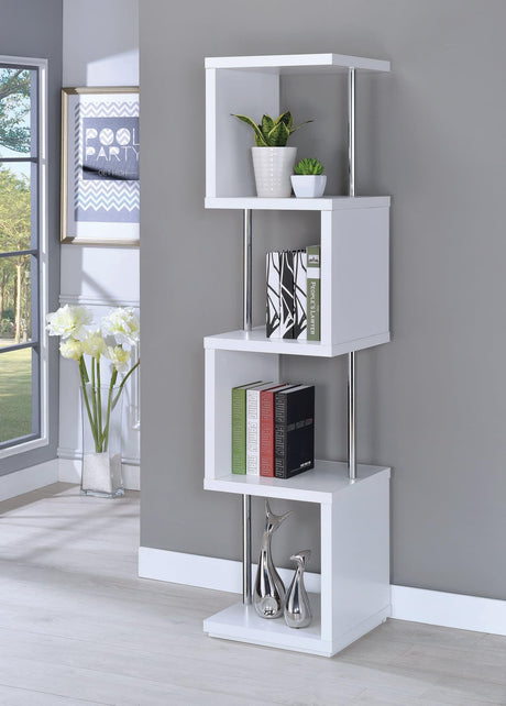 Baxter 4-Shelf Bookcase White and Chrome front angle