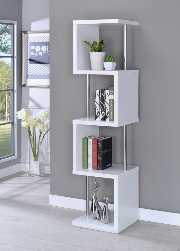 Baxter 4-Shelf Bookcase White and Chrome front angle