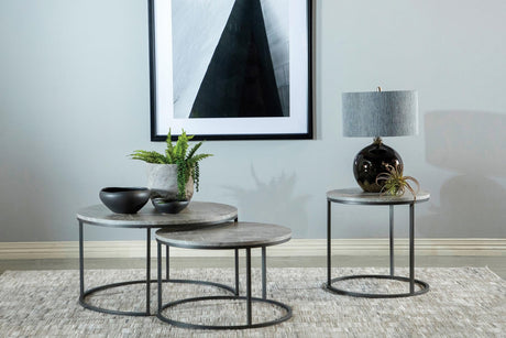 Lainey round grey faux marble end table side view