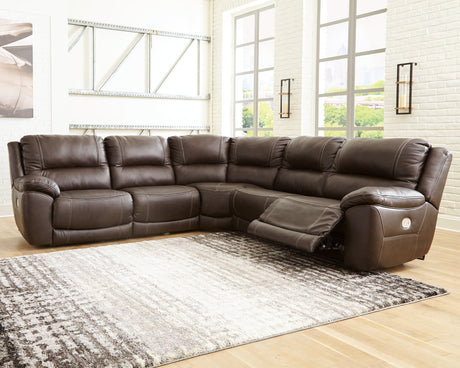 Dunleith Chocolate Leather 5-Piece Power Reclining Sectional Sofa front angle