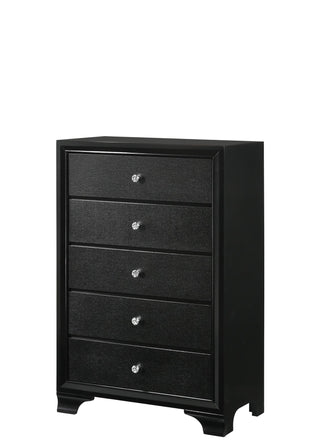 Micah Chest black faux finish with five drawers and nickel knobs front angle