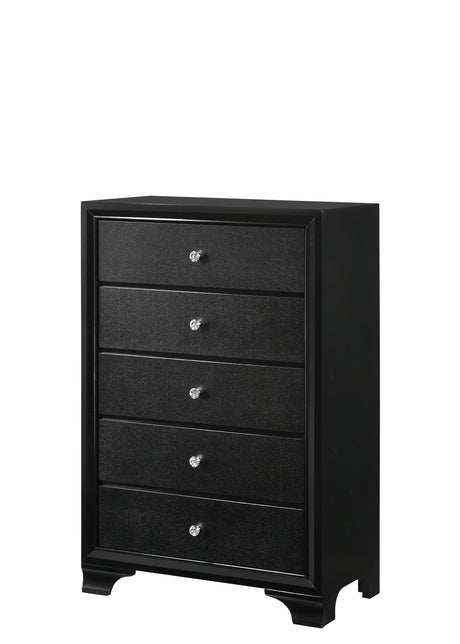 Micah Chest black faux finish with five drawers and nickel knobs front angle