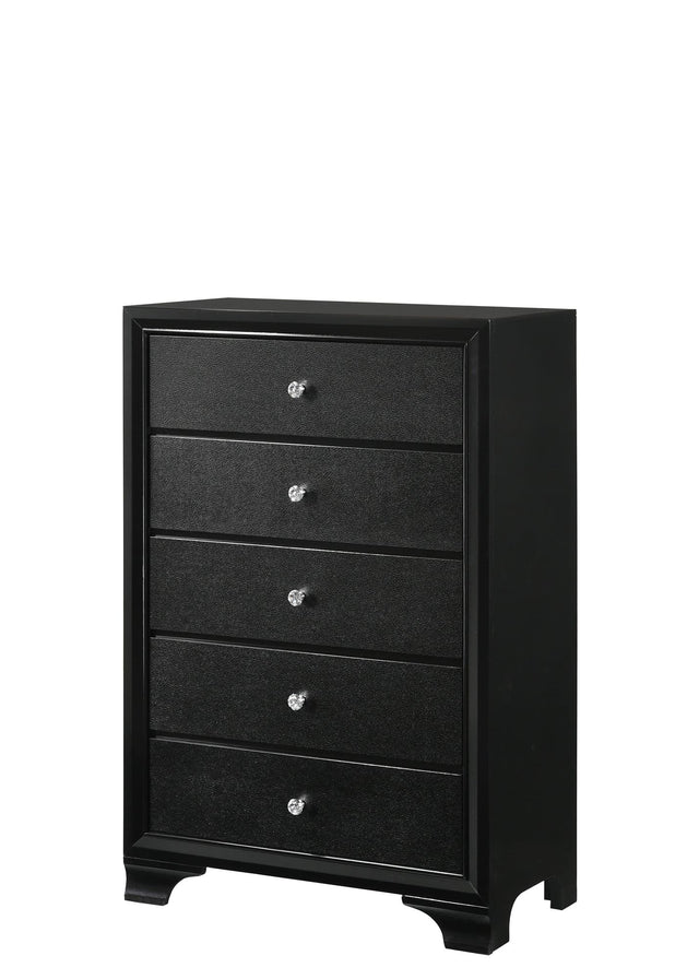 Micah Chest black faux finish with five drawers and nickel knobs front angle