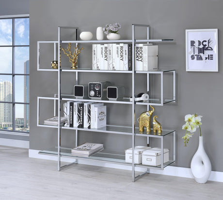 Sema 5-Shelf chrome frame glass bookcase angled front view