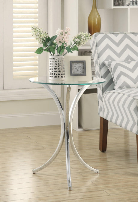 Eloise round accent table front view with curved chrome legs and glass top